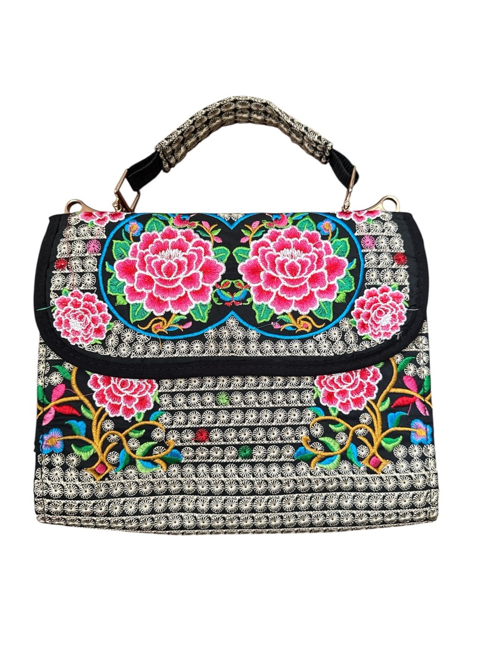 Embroidered Floral Peony Satchel Handbag Black Pink Boho Top Handle Purse